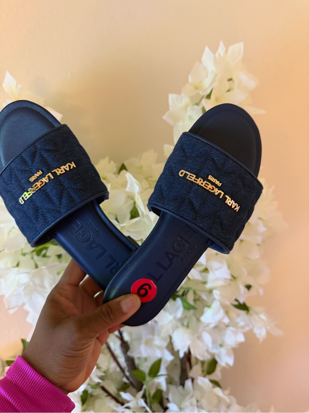 Karl Lagerfeld Navy Quilted Slide Sandals with Gold Logo